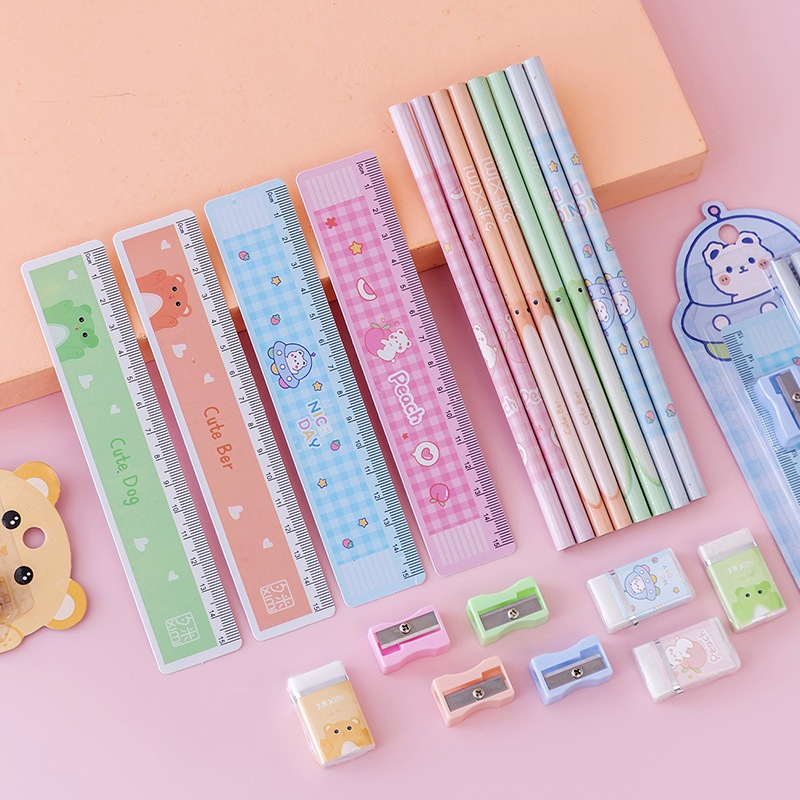Bộ Dụng Cụ Học Tập 5 Món Bút Chì + Tẩy + Thước Kẻ + Gọt Bút Chì Nhỏ Gọn Tiện Dụng Cho Học Sinh