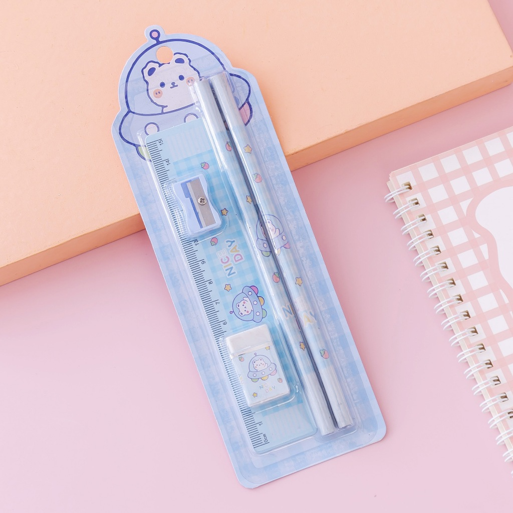 Bộ Dụng Cụ Học Tập 5 Món Bút Chì + Tẩy + Thước Kẻ + Gọt Bút Chì Nhỏ Gọn Tiện Dụng Cho Học Sinh