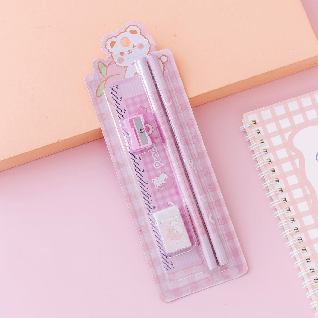 Bộ Dụng Cụ Học Tập 5 Món Bút Chì + Tẩy + Thước Kẻ + Gọt Bút Chì Nhỏ Gọn Tiện Dụng Cho Học Sinh