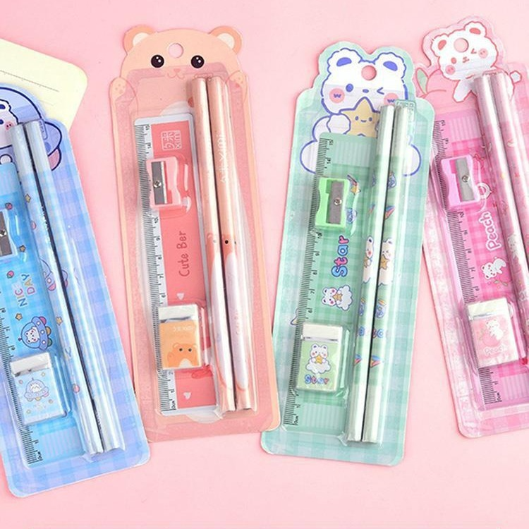 Bộ Dụng Cụ Học Tập 5 Món Bút Chì + Tẩy + Thước Kẻ + Gọt Bút Chì Nhỏ Gọn Tiện Dụng Cho Học Sinh