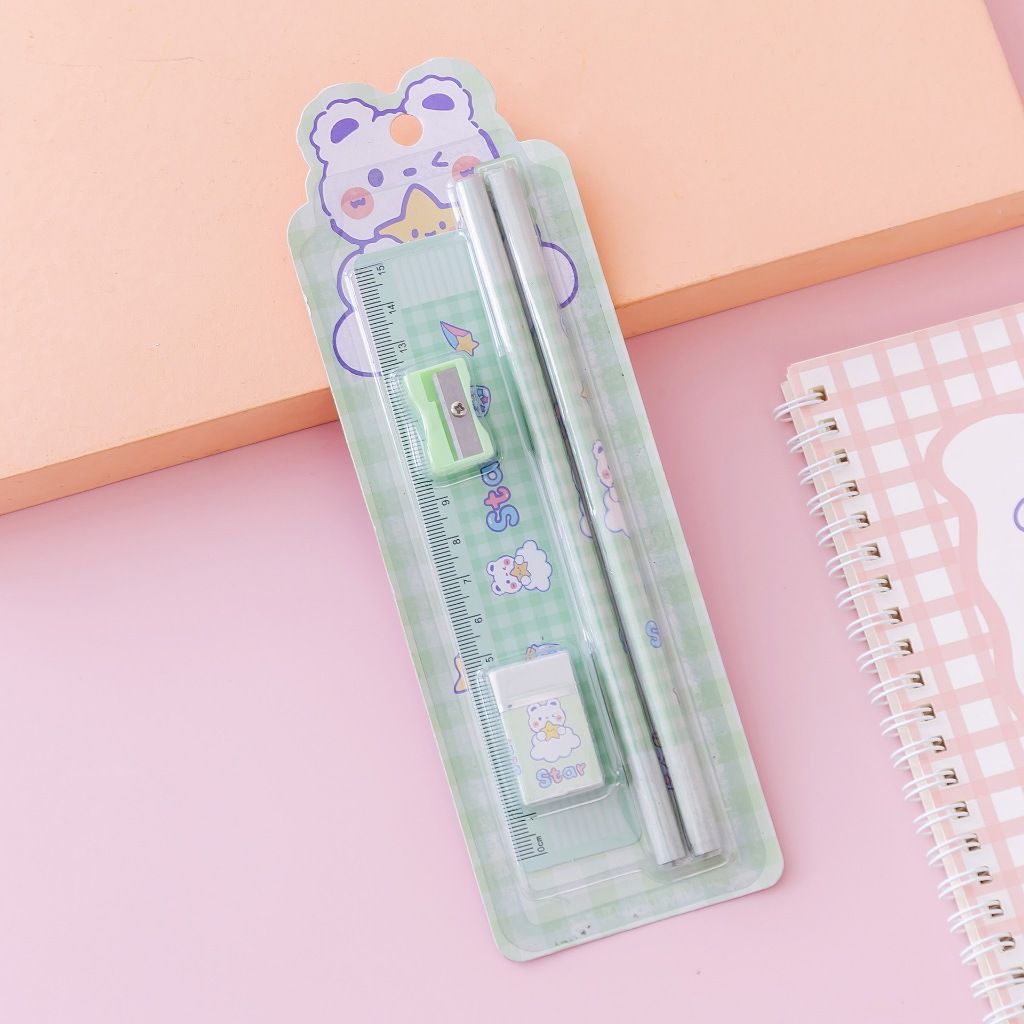 Bộ Dụng Cụ Học Tập 5 Món Bút Chì + Tẩy + Thước Kẻ + Gọt Bút Chì Nhỏ Gọn Tiện Dụng Cho Học Sinh