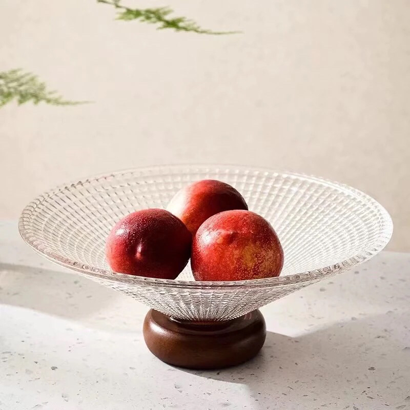 Đĩa thuỷ tinh đế gỗ , tránh trầy xước bàn và tiếng động (đường kính 25cm)