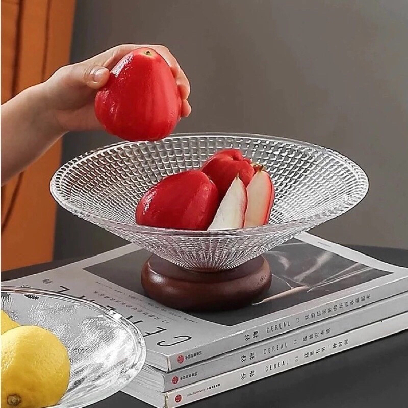 Đĩa thuỷ tinh đế gỗ , tránh trầy xước bàn và tiếng động (đường kính 25cm)
