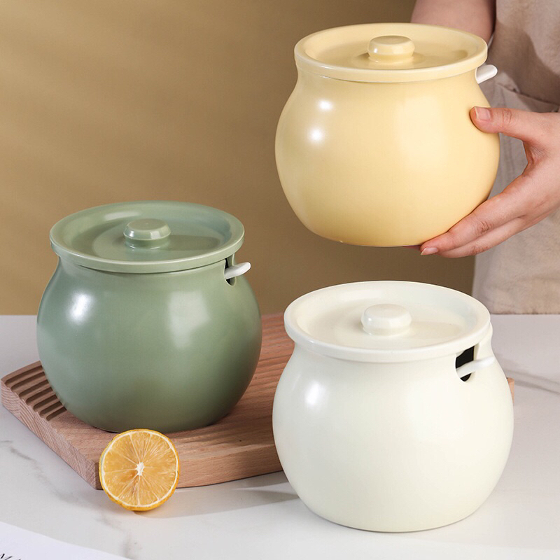 Hũ gốm sành sứ có nắp đựng mỡ lợn kèm thìa, âu sứ gốm đựng mỡ có nắp sang trọng, dung tích 700ml - 1400ml