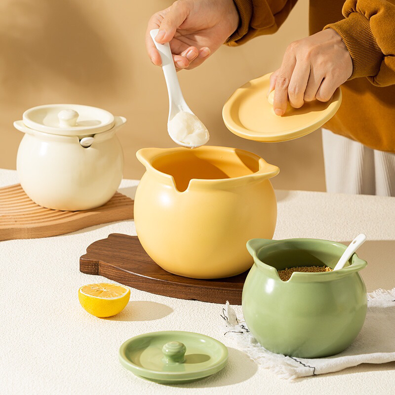 Hũ gốm sành sứ có nắp đựng mỡ lợn kèm thìa, âu sứ gốm đựng mỡ có nắp sang trọng, dung tích 700ml - 1400ml
