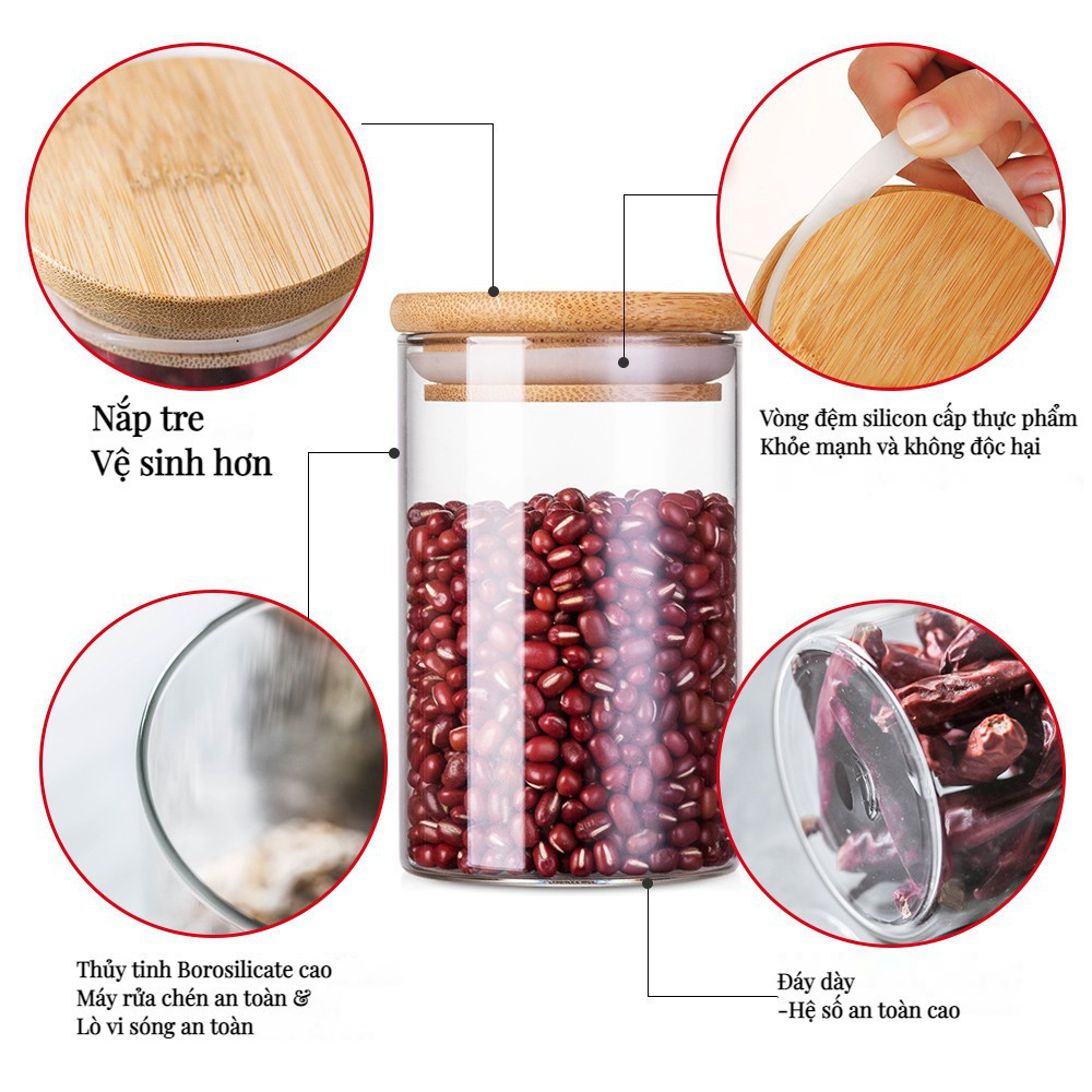 Hũ thủy tinh, lọ thuỷ tinh đựng gia vị nắp gỗ (có gioăng cao su, dung tích 260ml/500ml/750ml/1000ml/1200ml)