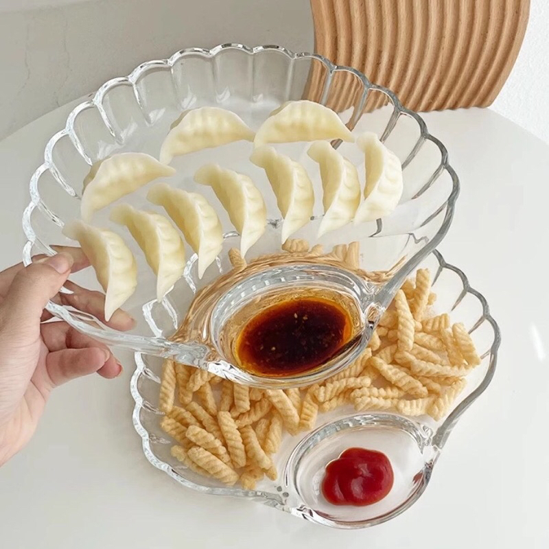 Khay thuỷ tinh hình vỏ sò, đĩa thuỷ tinh vỏ sò kèm ngăn đựng nước chấm