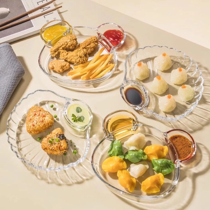 Khay thuỷ tinh hình vỏ sò, đĩa thuỷ tinh vỏ sò kèm ngăn đựng nước chấm