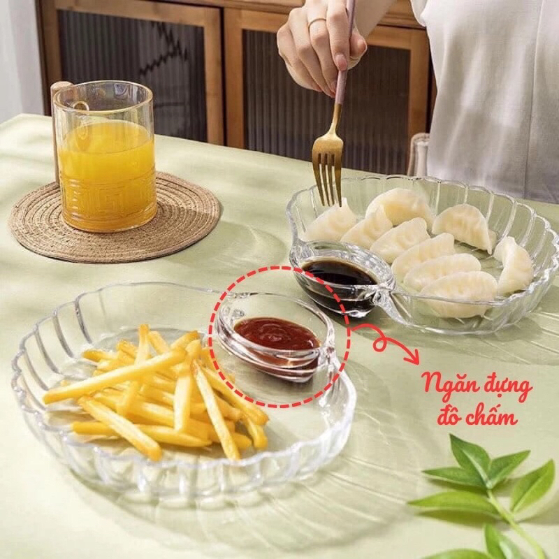 Khay thuỷ tinh hình vỏ sò, đĩa thuỷ tinh vỏ sò kèm ngăn đựng nước chấm