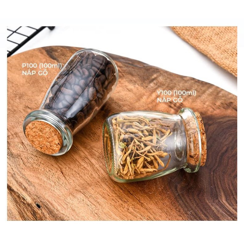 Lọ thuỷ tinh, Hũ thuỷ tinh nắp gỗ, đựng sữa chua, pudding, decor trang trí (dáng cao, 100ml)