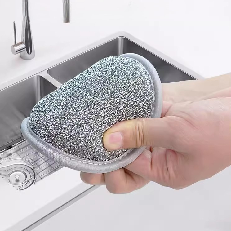 Miếng Bọt Biển Rửa Chén Bát 3 Lớp, Giẻ Rửa Bát Sợi Kim Loại Cọ Xoong Nồi Bát Đĩa Đa Năng Tạo Bọt - Rửa Bát Tròn Bạc