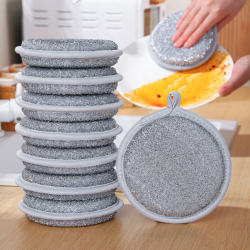Miếng Bọt Biển Rửa Chén Bát 3 Lớp, Giẻ Rửa Bát Sợi Kim Loại Cọ Xoong Nồi Bát Đĩa Đa Năng Tạo Bọt - Rửa Bát Tròn Bạc
