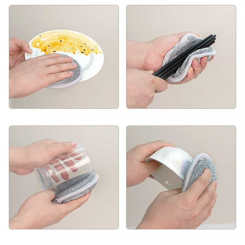 Miếng Bọt Biển Rửa Chén Bát 3 Lớp, Giẻ Rửa Bát Sợi Kim Loại Cọ Xoong Nồi Bát Đĩa Đa Năng Tạo Bọt - Rửa Bát Tròn Bạc