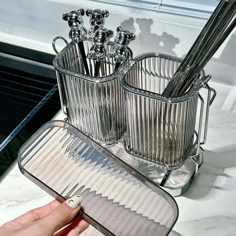 Ống Đựng Đũa Muỗng 2 Ngăn, Ống Đựng Đũa Thìa Nhà Bếp Khung Kim Loại Có Khay Hứng Nước