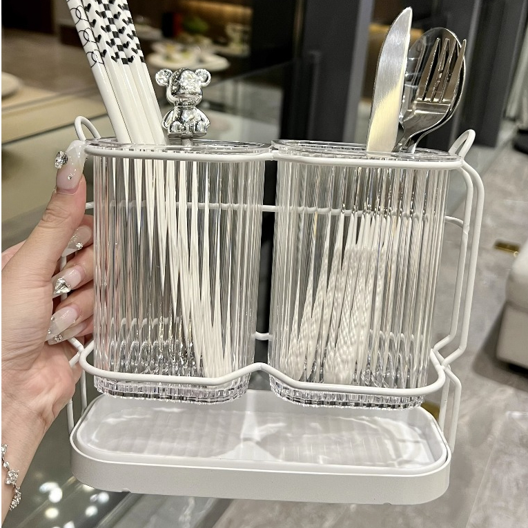 Ống Đựng Đũa Muỗng 2 Ngăn, Ống Đựng Đũa Thìa Nhà Bếp Khung Kim Loại Có Khay Hứng Nước