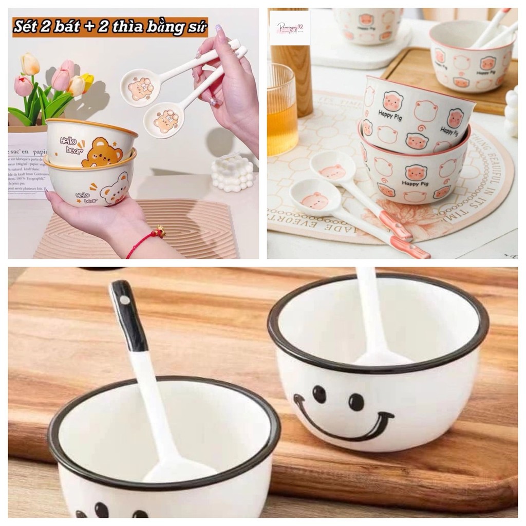 Set 2 bát sứ kèm thìa, bộ Bát Sứ 4 món dễ thương, cao cấp hàng loại 1 đóng gói hộp xốp mẫu mới siêu hot