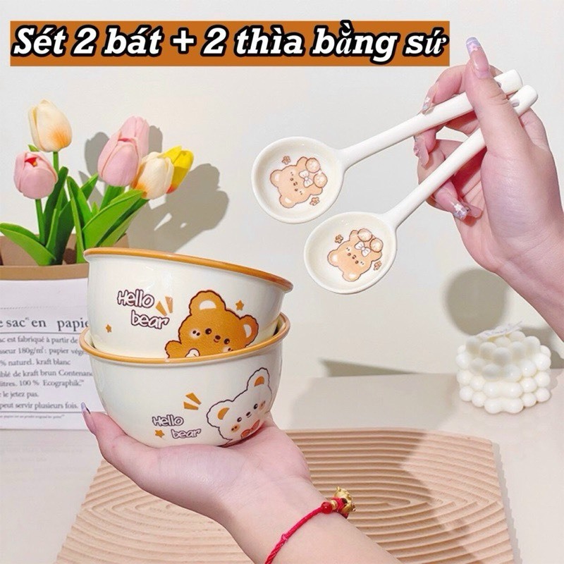 Set 2 bát sứ kèm thìa, bộ Bát Sứ 4 món dễ thương, cao cấp hàng loại 1 đóng gói hộp xốp mẫu mới siêu hot