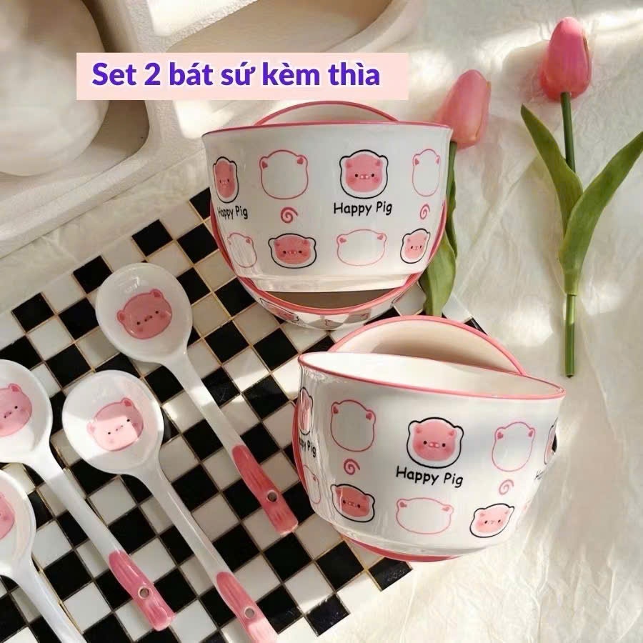 Set 2 bát sứ kèm thìa, bộ Bát Sứ 4 món dễ thương, cao cấp hàng loại 1 đóng gói hộp xốp mẫu mới siêu hot