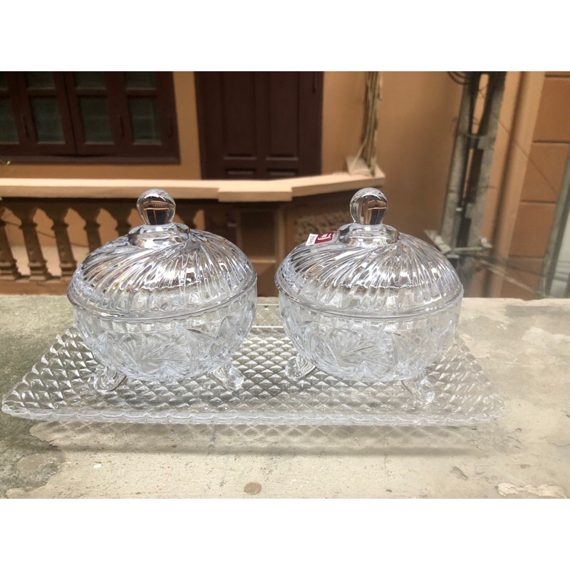 Set 2 thố mứt thuỷ tinh, hũ thuỷ tinh pha lê đựng bánh kẹo, gia vị sang trọng - 2 kẻ caro+ khay