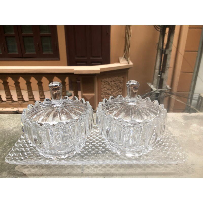 Set 2 thố mứt thuỷ tinh, hũ thuỷ tinh pha lê đựng bánh kẹo, gia vị sang trọng - 2 kẻ caro+ khay