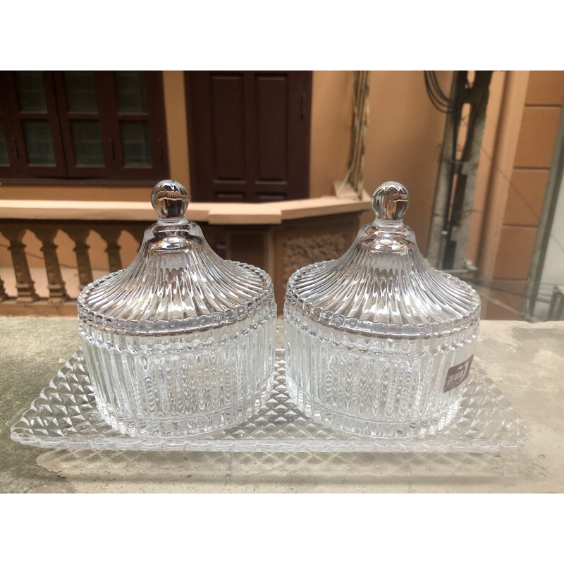 Set 2 thố mứt thuỷ tinh, hũ thuỷ tinh pha lê đựng bánh kẹo, gia vị sang trọng - 2 kẻ caro+ khay