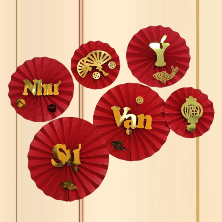 Set 6 Quạt Giấy Đỏ Trang Trí Tết 2025 (nhiều mẫu)