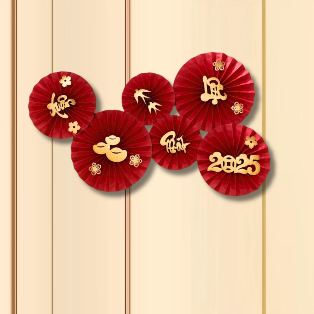 Set 6 Quạt Giấy Đỏ Trang Trí Tết 2025 (nhiều mẫu)