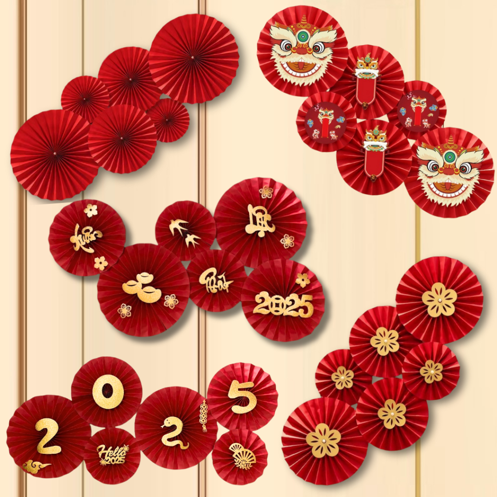 Set 6 Quạt Giấy Đỏ Trang Trí Tết 2025 (nhiều mẫu)