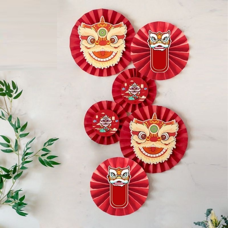 Set 6 Quạt Giấy Đỏ Trang Trí Tết 2025 (nhiều mẫu)