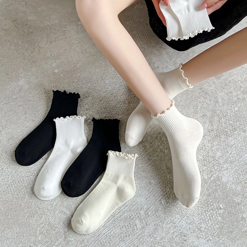 Tất Cổ Cao Nữ Bèo Nhún, Vớ Bèo Nhún Nữ Cổ Cao Màu Trơn Basic Thời Trang Vintage Hàn Quốc