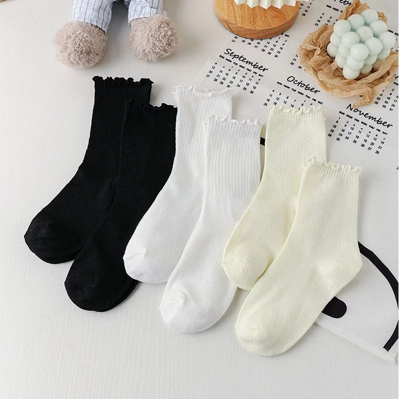 Tất Cổ Cao Nữ Bèo Nhún, Vớ Bèo Nhún Nữ Cổ Cao Màu Trơn Basic Thời Trang Vintage Hàn Quốc