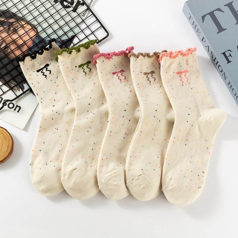 Tất Cổ Cao Viền Bèo Nữ, Vớ Vải Cotton Màu Muối Tiêu Họa Tiết NƠ Chấm Bi Phong Cách Hàn Quốc