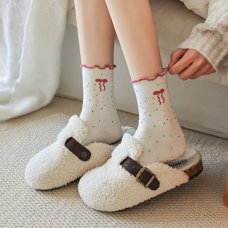 Tất Cổ Cao Viền Bèo Nữ, Vớ Vải Cotton Màu Muối Tiêu Họa Tiết NƠ Chấm Bi Phong Cách Hàn Quốc
