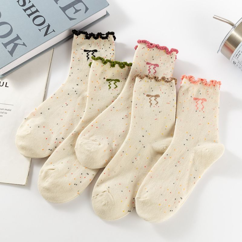 Tất Cổ Cao Viền Bèo Nữ, Vớ Vải Cotton Màu Muối Tiêu Họa Tiết NƠ Chấm Bi Phong Cách Hàn Quốc