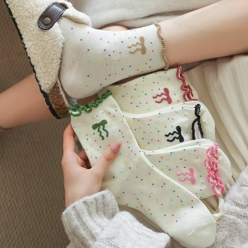 Tất Cổ Cao Viền Bèo Nữ, Vớ Vải Cotton Màu Muối Tiêu Họa Tiết NƠ Chấm Bi Phong Cách Hàn Quốc