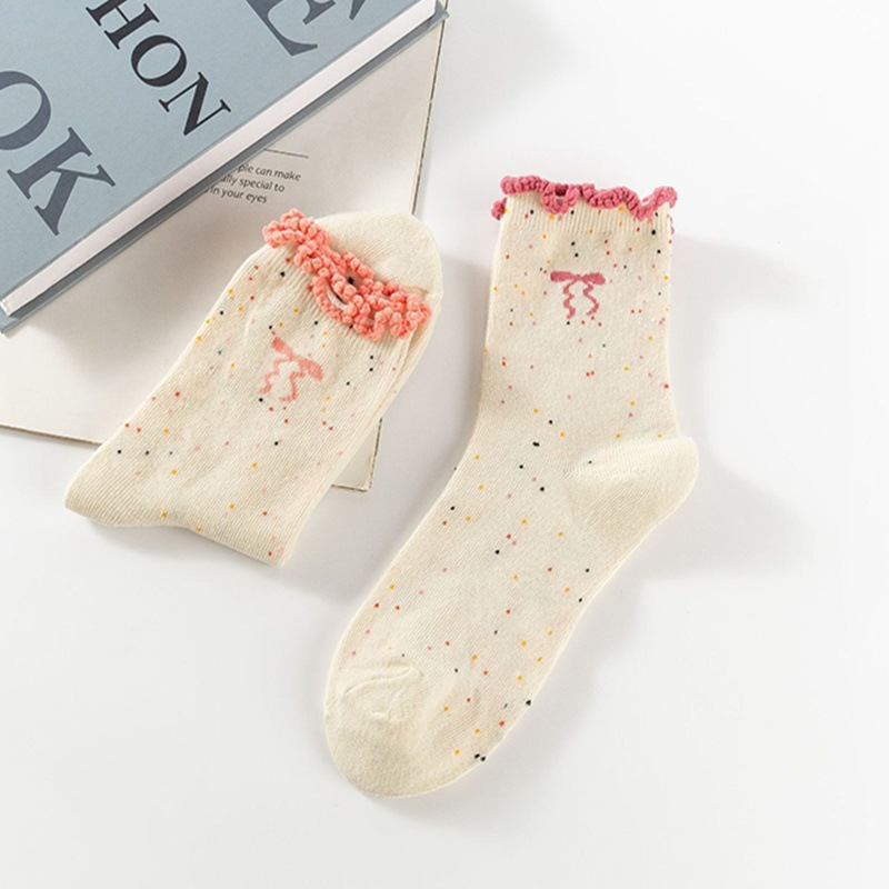 Tất Cổ Cao Viền Bèo Nữ, Vớ Vải Cotton Màu Muối Tiêu Họa Tiết NƠ Chấm Bi Phong Cách Hàn Quốc