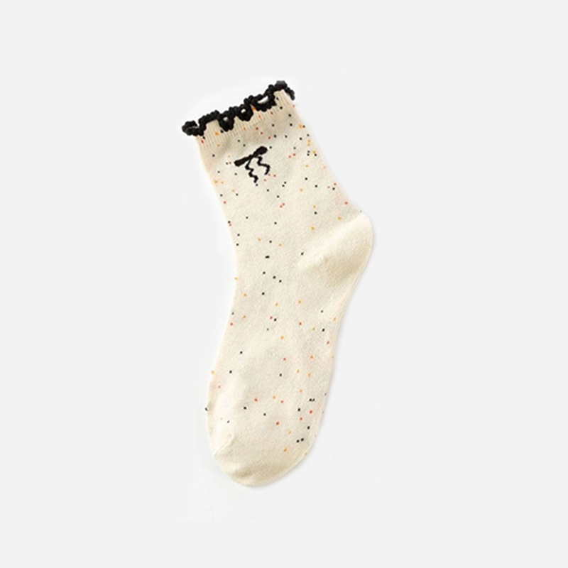 Tất Cổ Cao Viền Bèo Nữ, Vớ Vải Cotton Màu Muối Tiêu Họa Tiết NƠ Chấm Bi Phong Cách Hàn Quốc