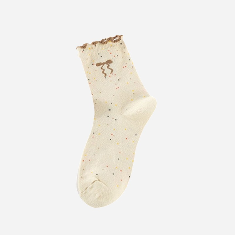 Tất Cổ Cao Viền Bèo Nữ, Vớ Vải Cotton Màu Muối Tiêu Họa Tiết NƠ Chấm Bi Phong Cách Hàn Quốc