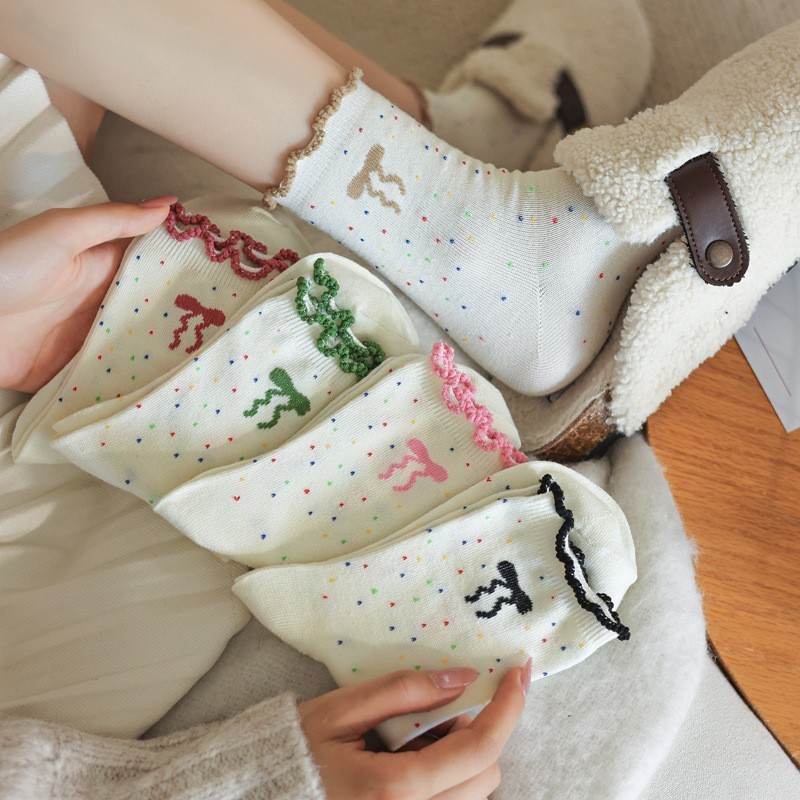 Tất Cổ Cao Viền Bèo Nữ, Vớ Vải Cotton Màu Muối Tiêu Họa Tiết NƠ Chấm Bi Phong Cách Hàn Quốc