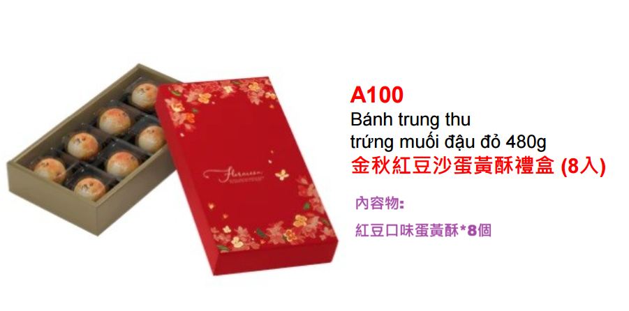 A100 Bánh trung thu trứng muối đậu đỏ 480g 金秋紅豆沙蛋黃酥禮盒 (8入)