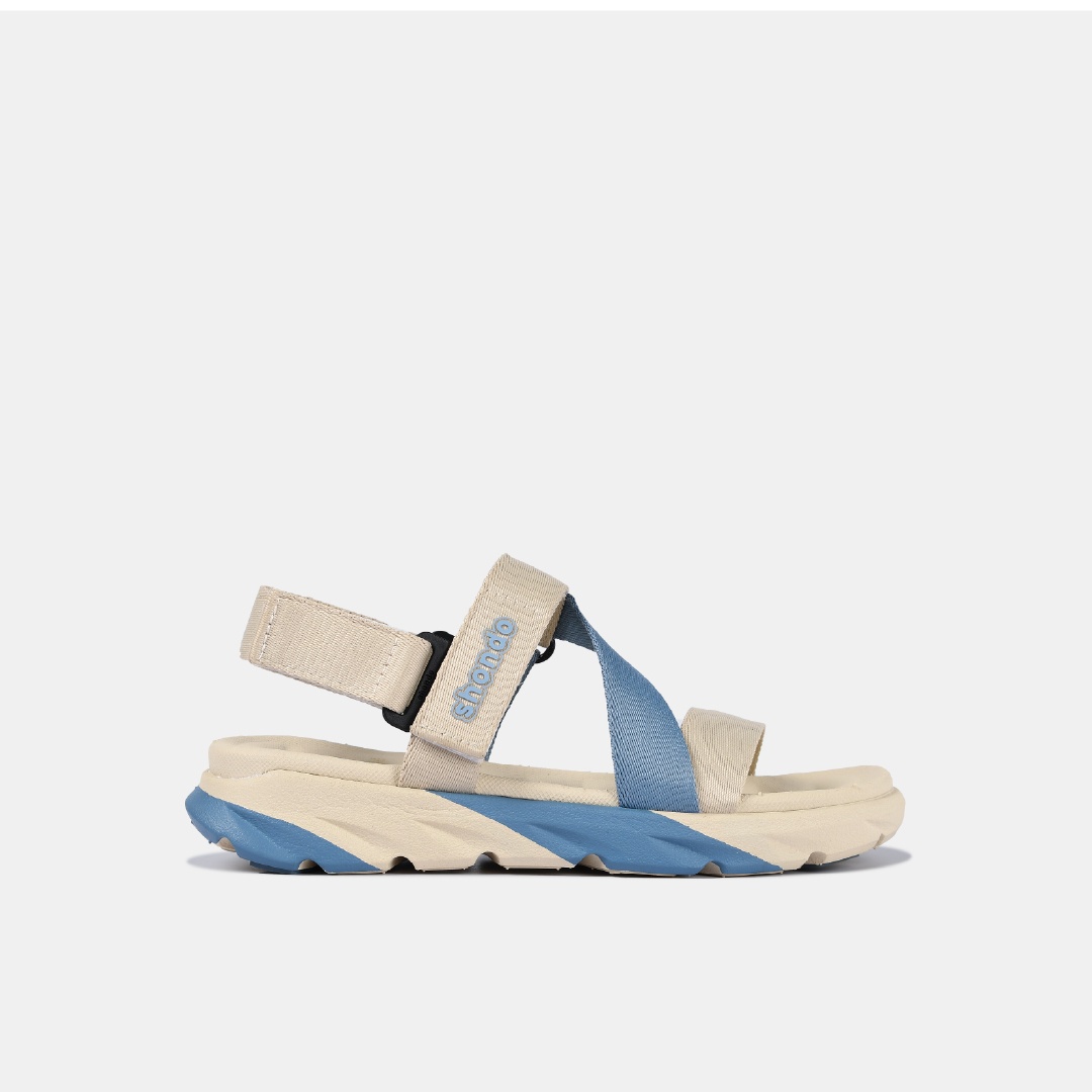 F6S2535 Giày Sandal Nam Nữ SHONDO F6 Sport Thời Trang Nhẹ Êm Đi Học, Đi Làm Đế Cao 3,5cm Màu Be Xanh Dương F6S2535 Đế Bằng