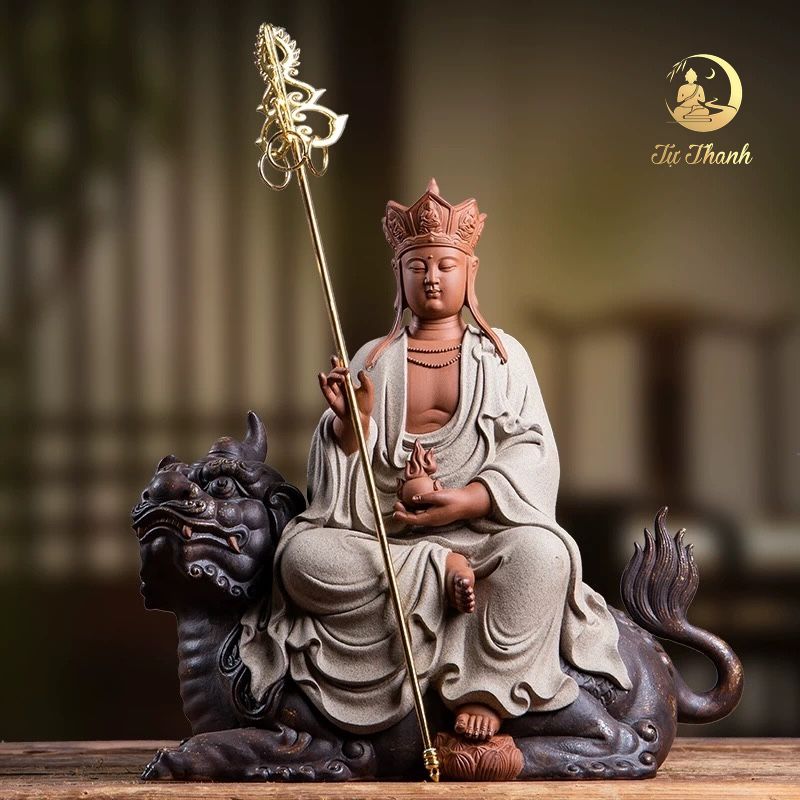 TƯỢNG ĐỊA TẠNG VƯƠNG BỒ TÁT CƯỠI ĐẾ THÍNH GỐM TỬ SA CAO CẤP CAO 38CM