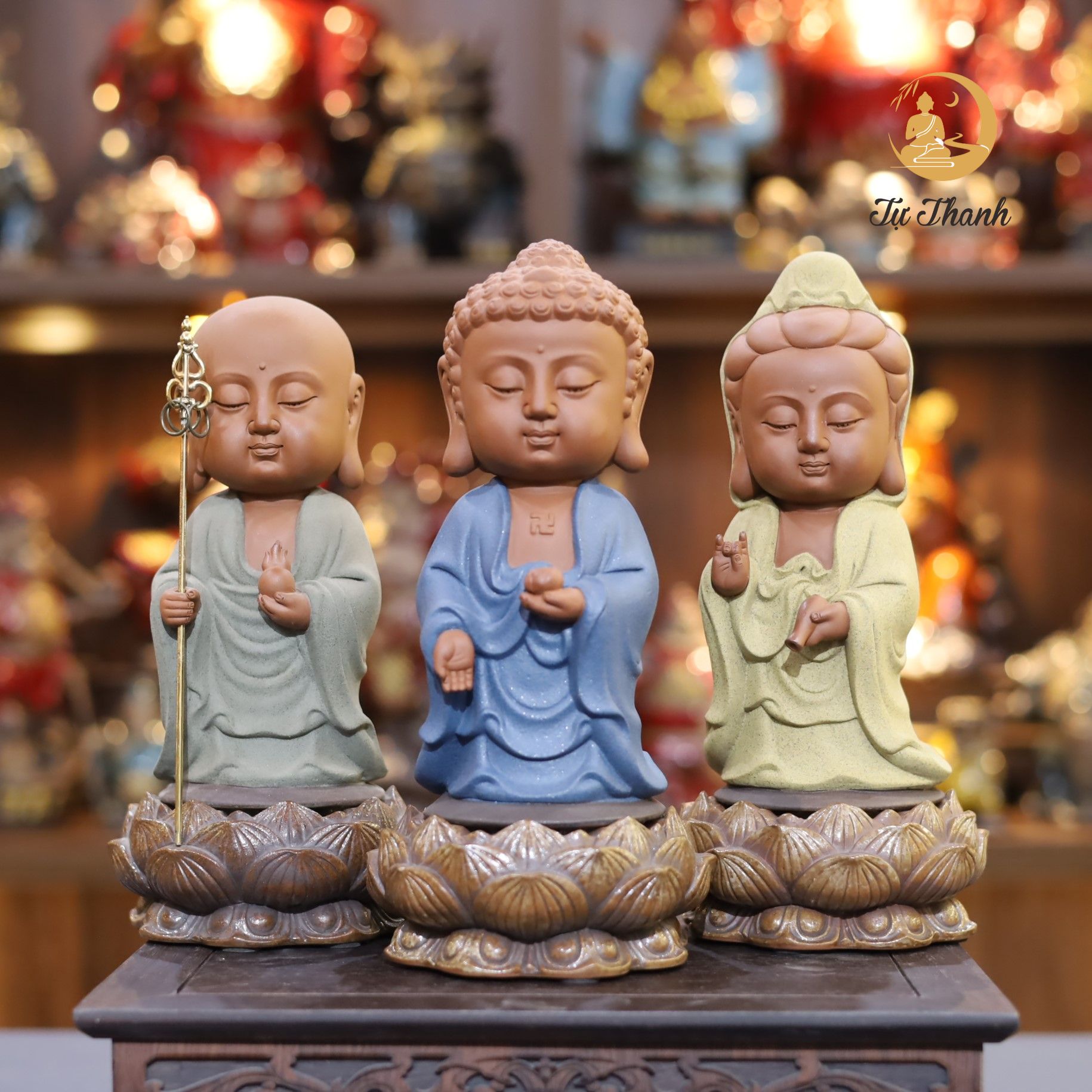 TƯỢNG TA BÀ TAM THÁNH ĐẾ SEN XÔNG TRẦM GỐM TỬ SA CAO CẤP CAO 27CM