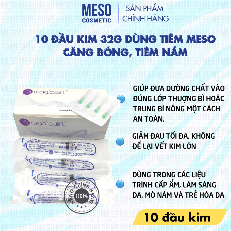 10 đầu kim 32G dùng tiêm meso căng bóng, tiêm nám