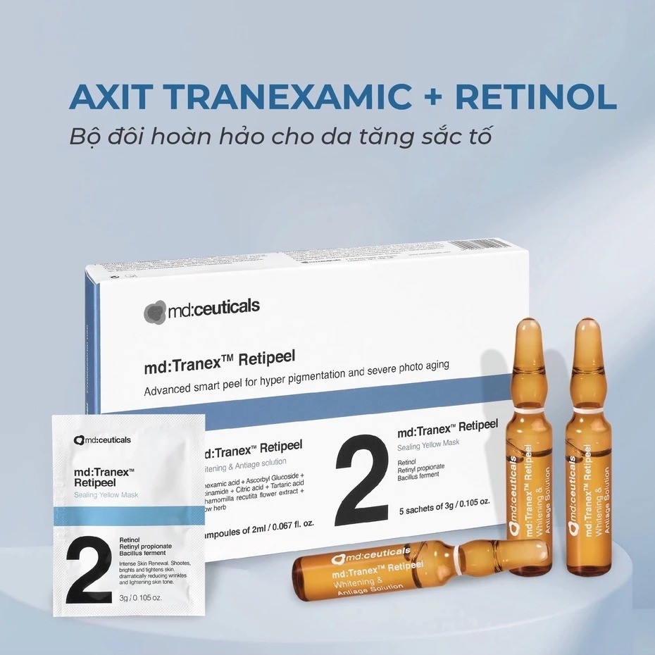 Bộ peel thay da sinh học mờ nám, sáng da, chống lão hóa Md:ceuticals Md:Tranex Retipeel