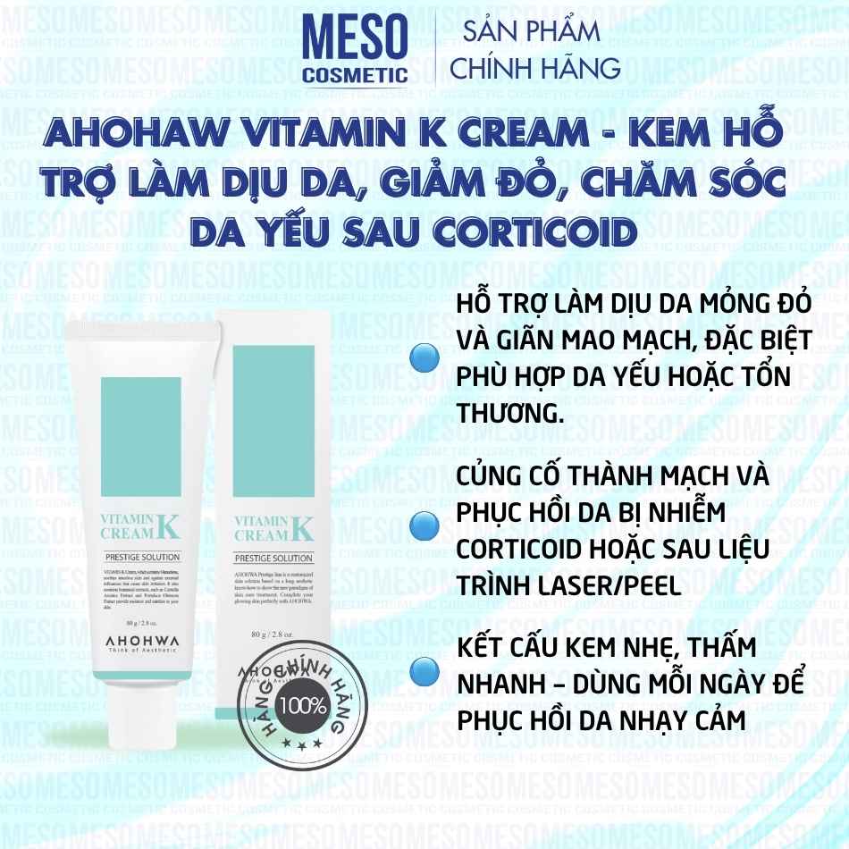 Ahohaw Vitamin K Cream - Kem Hỗ Trợ Làm Dịu Da, Giảm Đỏ, Chăm Sóc Da Yếu Sau Corticoid - 12gr/80gr