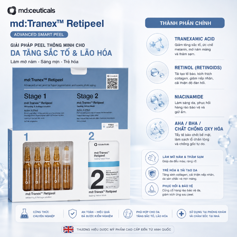 Bộ peel thay da sinh học mờ nám, sáng da, chống lão hóa Md:ceuticals Md:Tranex Retipeel