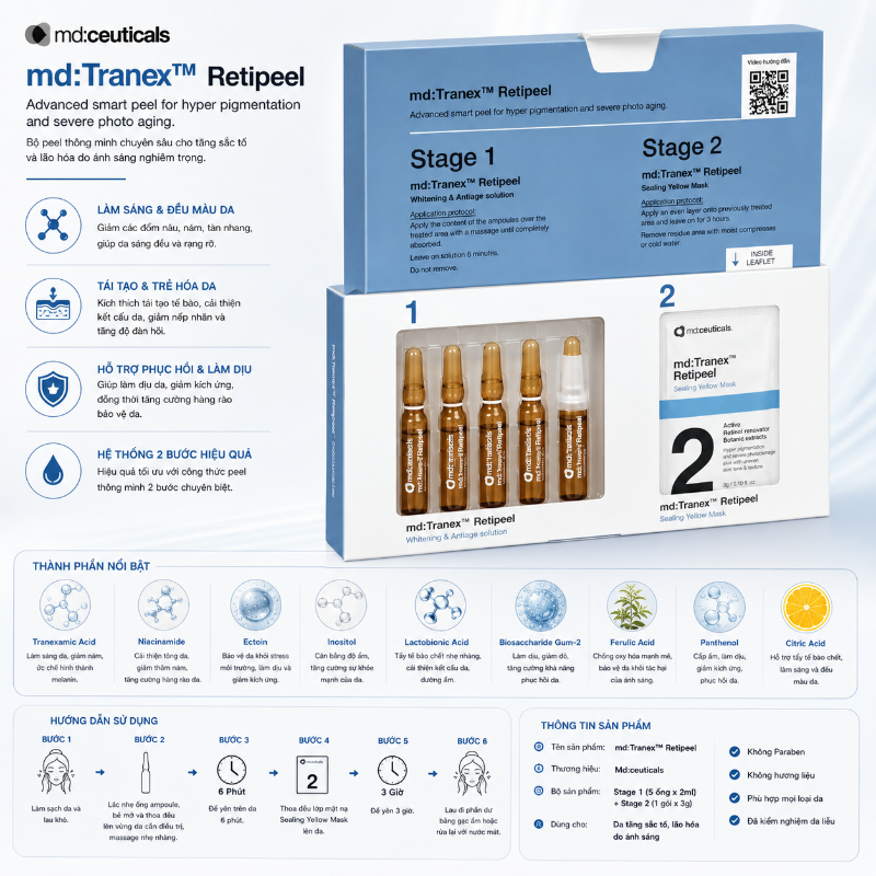 Bộ peel thay da sinh học mờ nám, sáng da, chống lão hóa Md:ceuticals Md:Tranex Retipeel