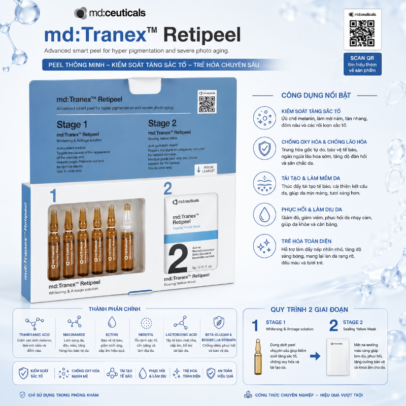 Bộ peel thay da sinh học mờ nám, sáng da, chống lão hóa Md:ceuticals Md:Tranex Retipeel