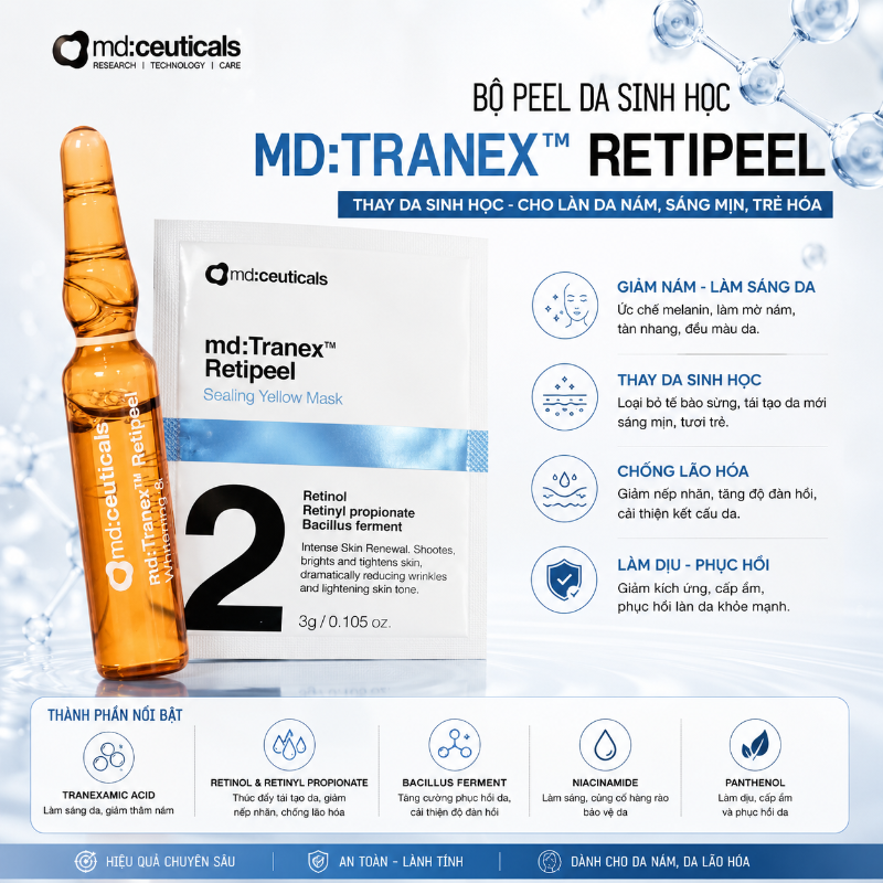 Bộ peel thay da sinh học mờ nám, sáng da, chống lão hóa Md:ceuticals Md:Tranex Retipeel